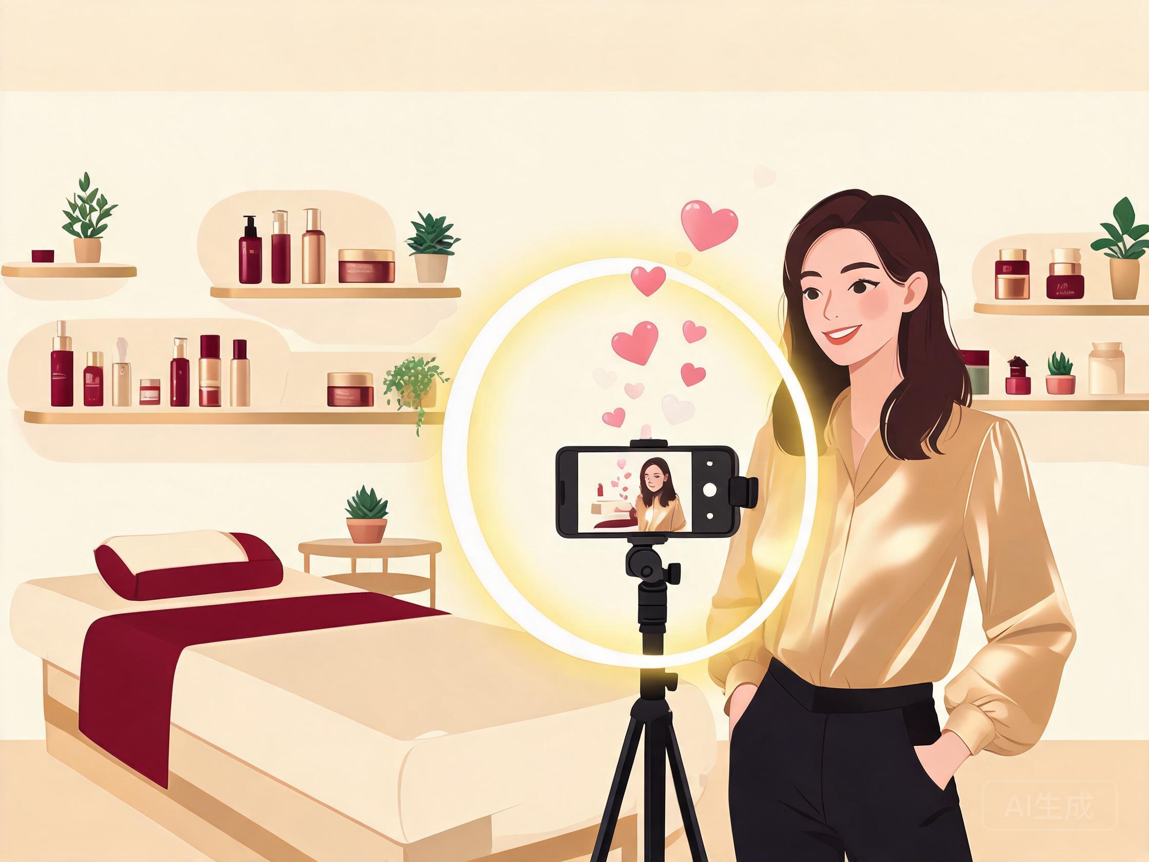 美容院老板娘用手机支架拍摄短视频的插画